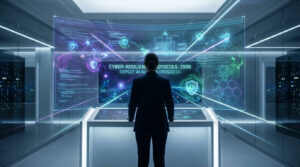 Vue arrière d'une personne consultant un écran holographique futuriste sur la cyber-résilience et la sécurité IA dans un centre de données.