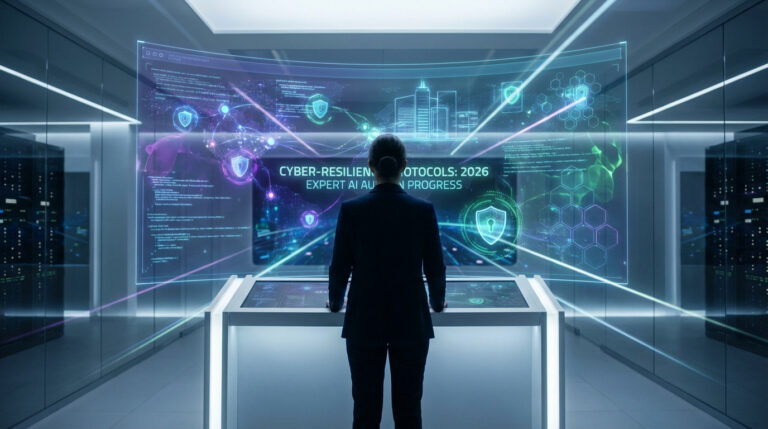 Vue arrière d'une personne consultant un écran holographique futuriste sur la cyber-résilience et la sécurité IA dans un centre de données.