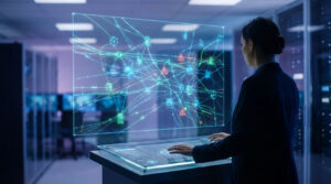 Une personne analyse un réseau numérique sur un écran holographique, avec des alertes rouges indiquant des menaces sur les terminaux.