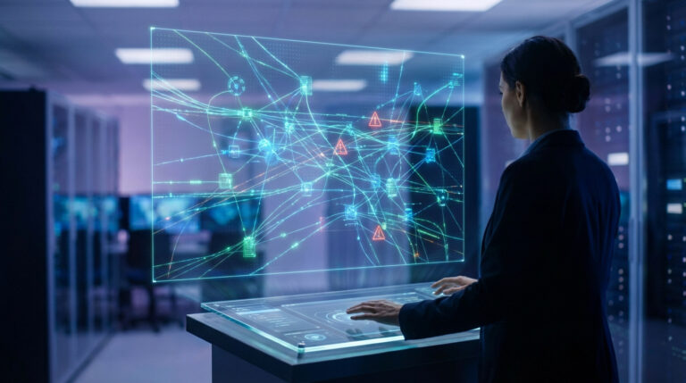 Une personne analyse un réseau numérique sur un écran holographique, avec des alertes rouges indiquant des menaces sur les terminaux.