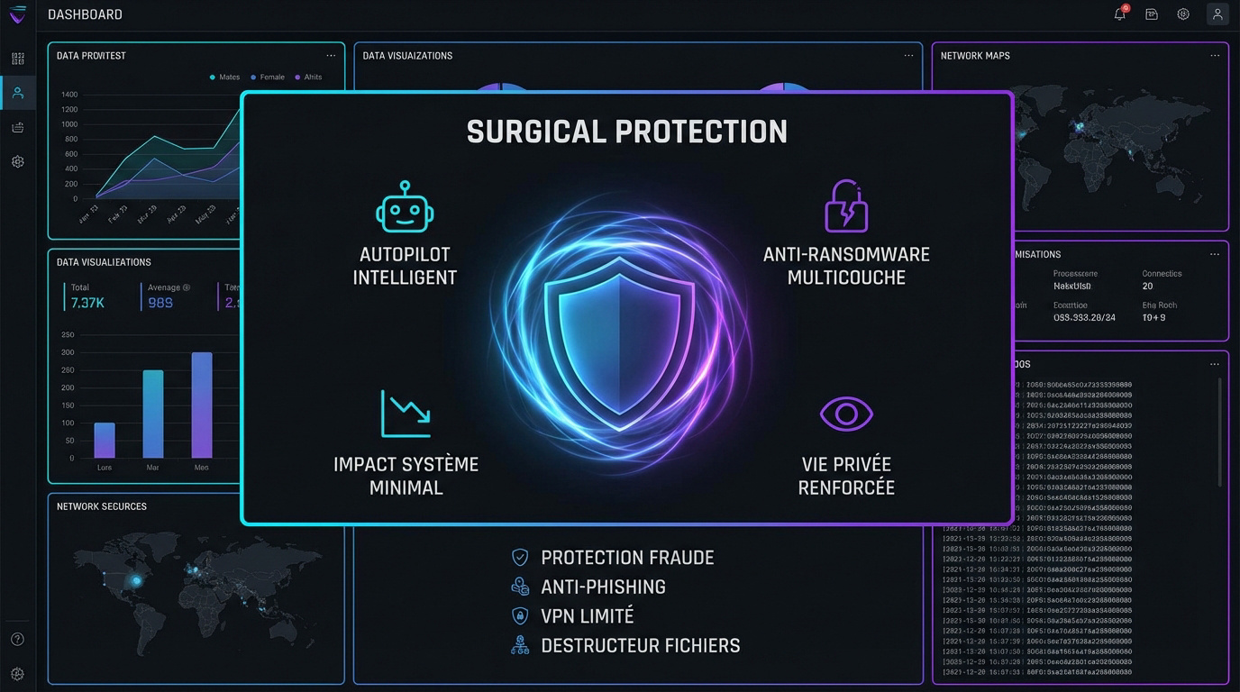 Interface de sécurité Bitdefender affichant une protection chirurgicale contre les menaces numériques