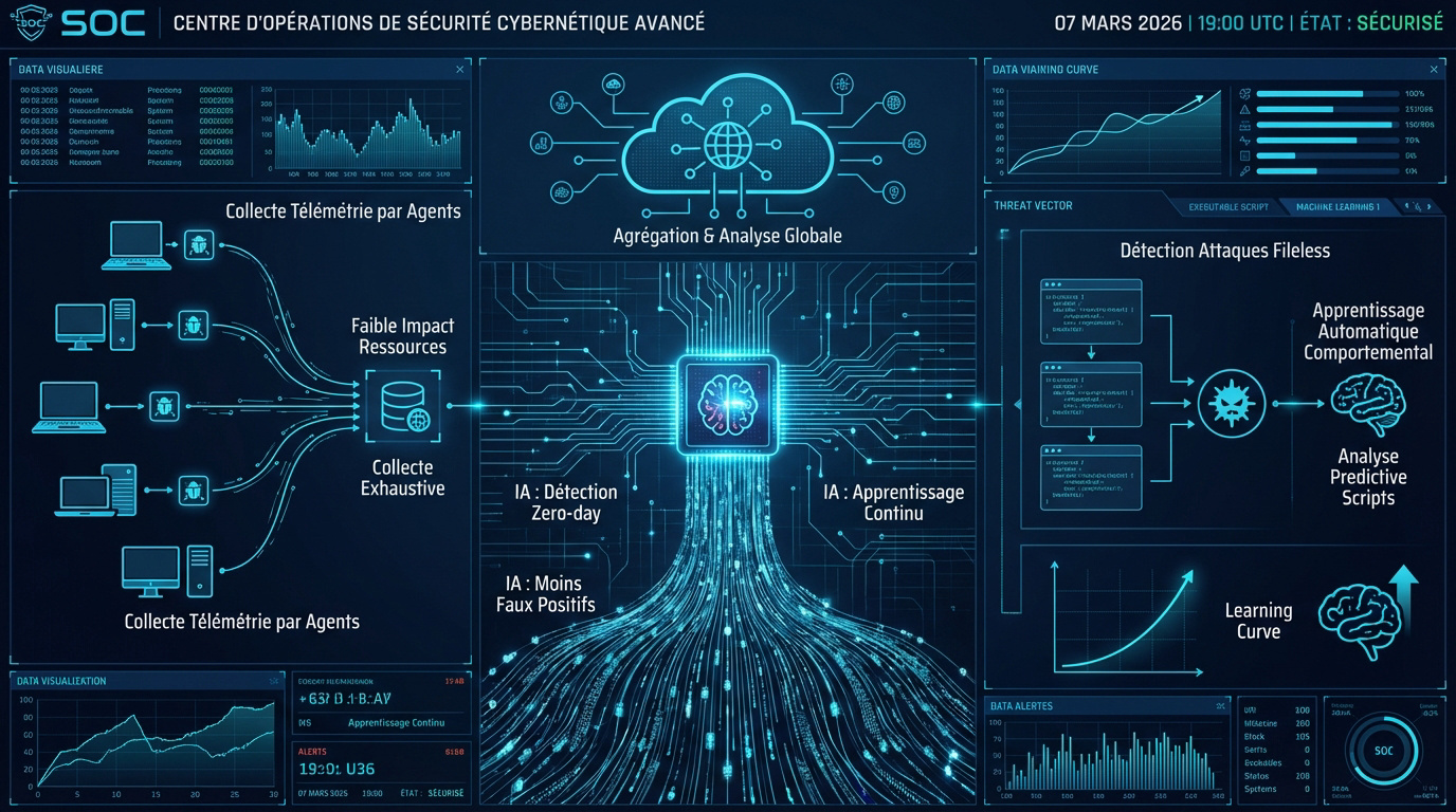 Tableau de bord de cybersécurité affichant l'analyse de l'IA et la détection des menaces sur les points de terminaison
