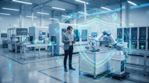 Ingénieur avec tablette dans usine 4.0, bras robotisé et données connectées sous réseau sécurisé.