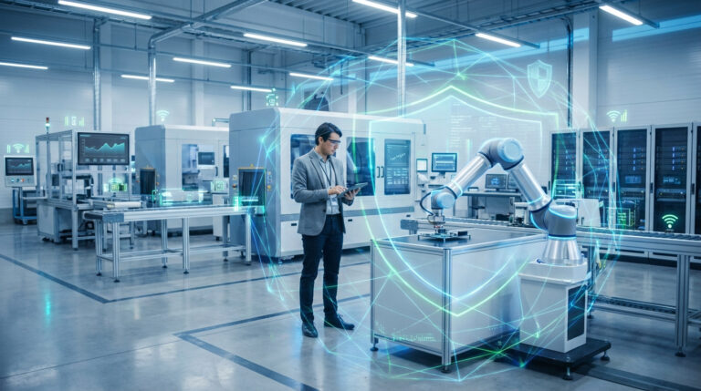 Ingénieur avec tablette dans usine 4.0, bras robotisé et données connectées sous réseau sécurisé.